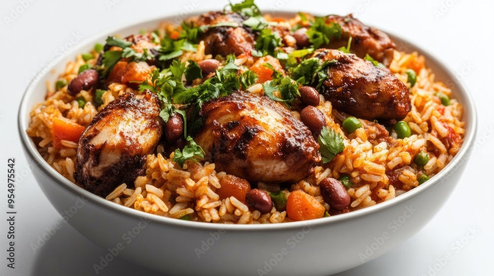Bowl of Rice with Chicken, Beans, and Vegetables Bowl of Rice with Chicken, Beans, and Vegetables