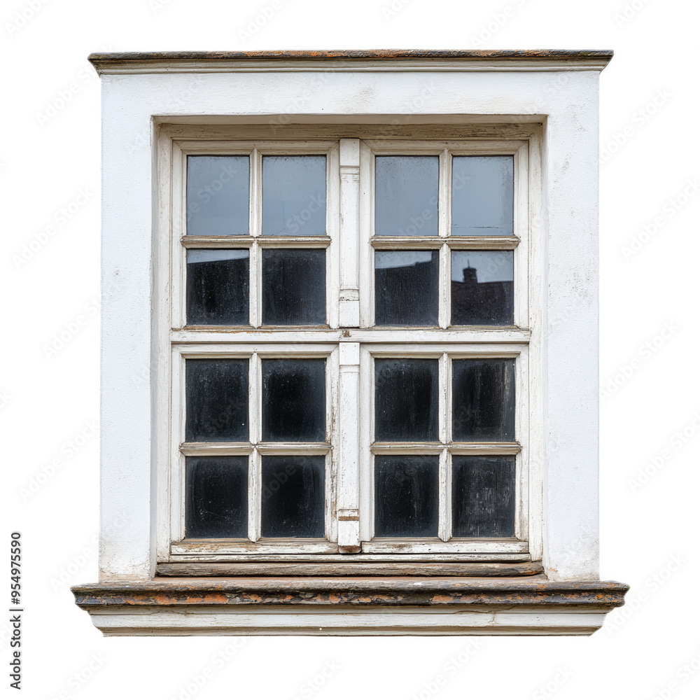 Classic Georgian window with multiple small panes and distressed paint isolated on a transparent background Classic Georgian window with multiple small panes and distressed paint isolated on a transparent background