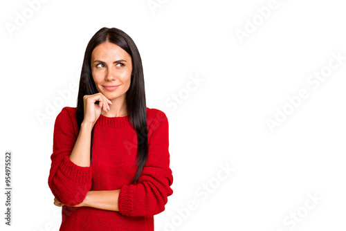 Portrait of minded girl think look at copyspace wear red jumper isolated over yellow background