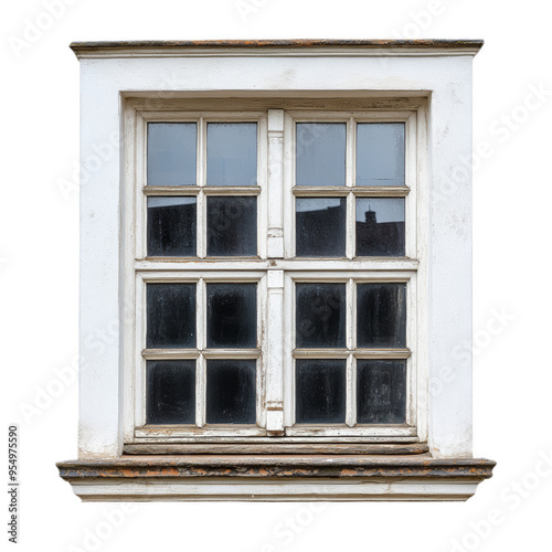 Classic Georgian window with multiple small panes and distressed paint isolated on a transparent background 