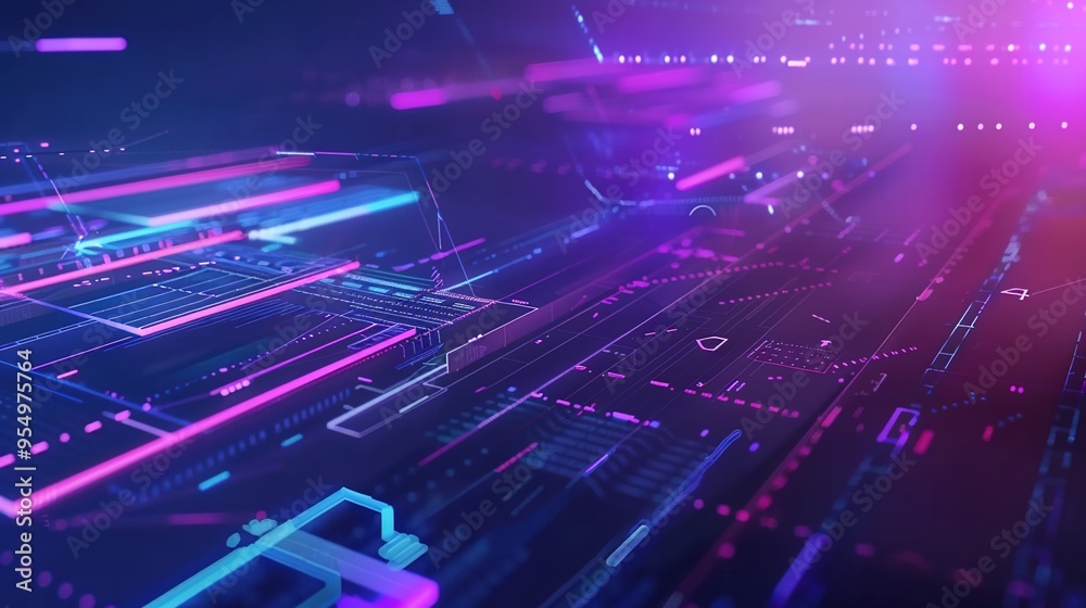 Fototapeta premium Abstract futuristic background with glowing gradient lines and particles in blue, pink and purple hues