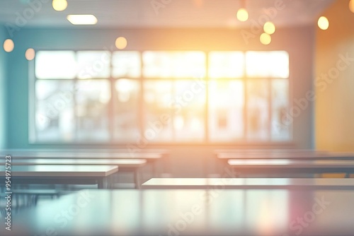 Beautiful blurred background of bright classroom and study room with panoramic windows and beautiful lighting. Blurred Empty school background , ai