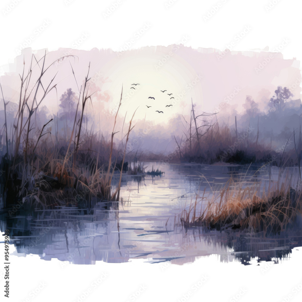 Fototapeta premium Misty Morning Landscape with Birds Flying Over a River