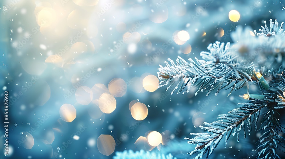 Frosty pine tree branches with bokeh lights on a blue background, a winter nature scene suitable for a Christmas or New Year's card or wallpaper design. Frosty pine tree branches with bokeh lights on a blue background, a winter nature scene suitable for a Christmas or New Year's card or wallpaper design.