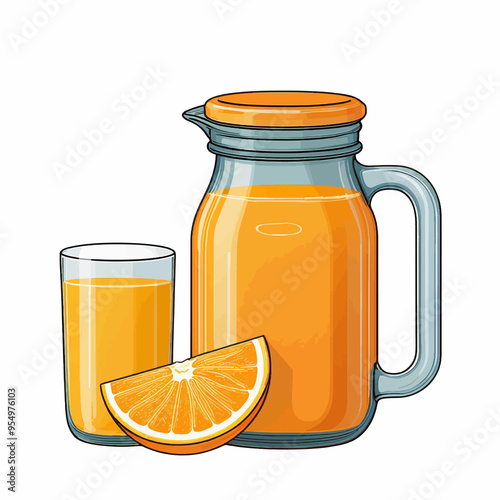  illustration of Glass jar of orange juice and Glass of 100ml Orange juice, on white isolated background photo