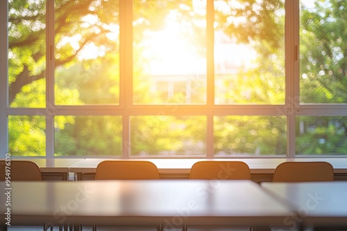 Beautiful blurred background of bright classroom and study room with panoramic windows and beautiful lighting. Blurred Empty school background, ai