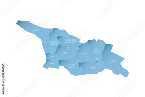 Georgia political map of administrative divisions - regions and autonomous republics of Abkhasia and Adjara. Shaded vector map with 3D-like blue gradient and name labels