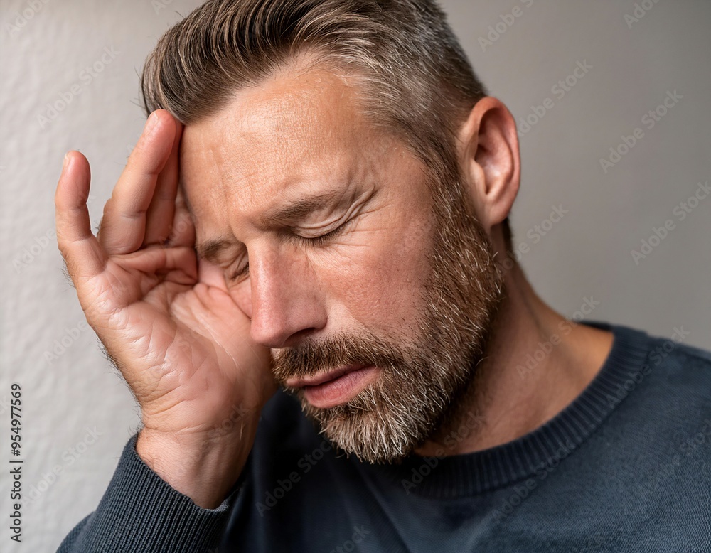Person displaying signs of fatigue, representing tiredness, exhaustion, and physical strain. Person displaying signs of fatigue, representing tiredness, exhaustion, and physical strain.