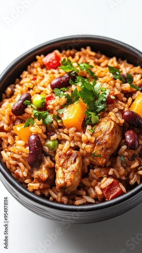 Close-up of Chicken and Rice Dish with Red Beans and Vegetables