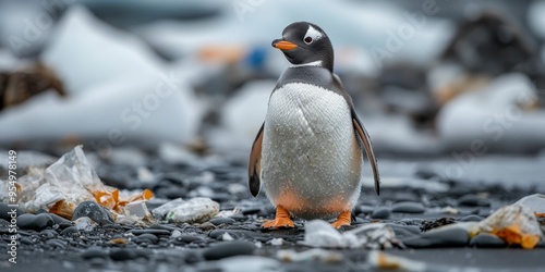 A lone gentoo penguin standing on a beach littered with plastic debris