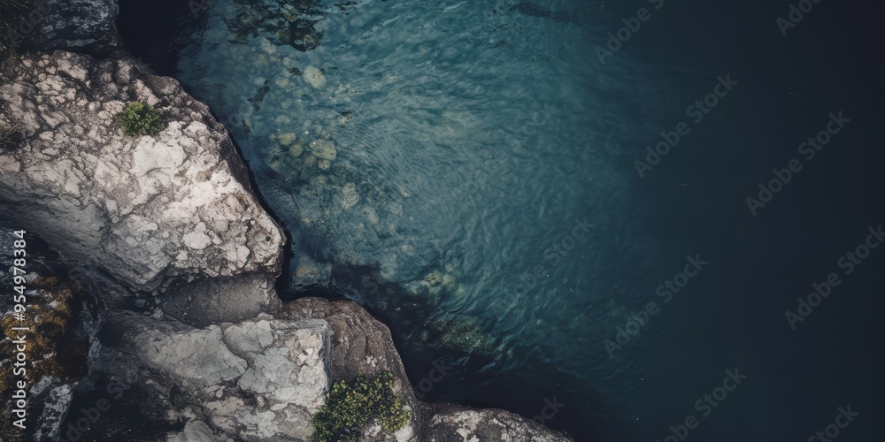 Water aerial view background backdrop, rocks, shore, moss, Scan design, concept