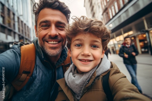 Father and son talking selfie in the city