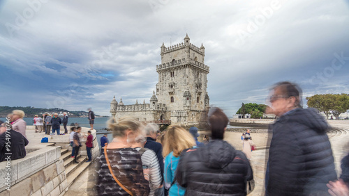 Belem Tower is a fortified tower located in Belem timelapse hyperlapse in Lisbon, Portugal