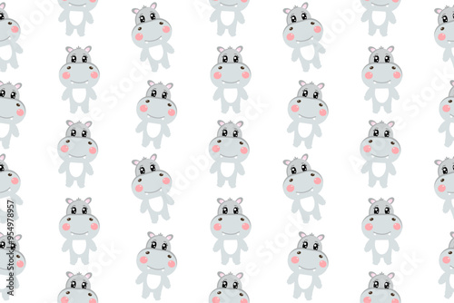 Seamless pattern with lovely kawaii hippopotamus, cutie grey hippo. Cute vector wallpaper for nursery, print or textile for kids	