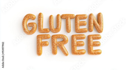 3D illustration of the phrase GLUTEN FREE formed from sesame-covered bread rolls, displayed on a white background. The playful design emphasizes the concept of gluten-free baking, with a focus on natu