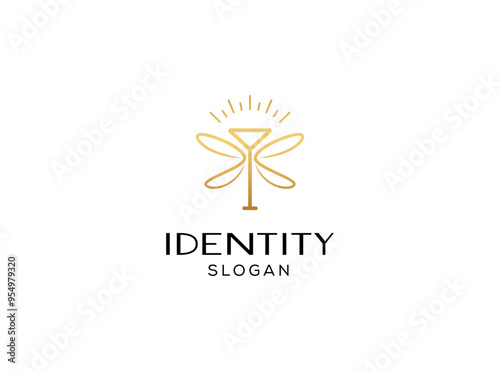 Luxury, modern and elegant bar and lounge logo design with cocktail glass and wing vector design template