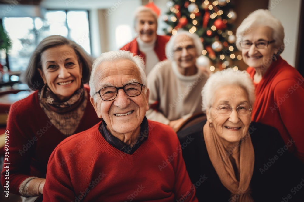 Portrait of a elderly group smiling in nursing home decorated for Christmas Portrait of a elderly group smiling in nursing home decorated for Christmas