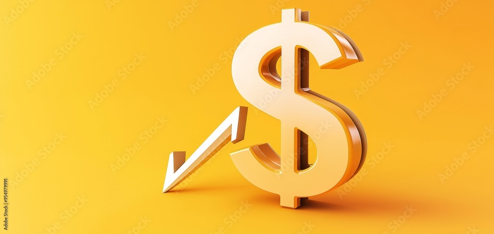 Illustration of a shrinking dollar sign with a downward arrow, representing declining interest rates, 3D illustration Illustration of a shrinking dollar sign with a downward arrow, representing declining interest rates, 3D illustration