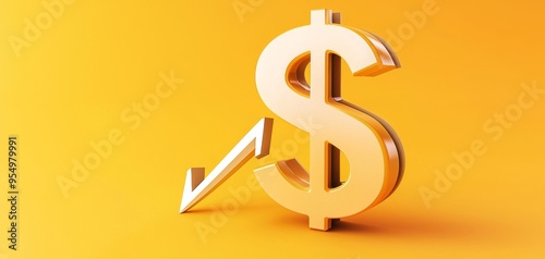 Illustration of a shrinking dollar sign with a downward arrow, representing declining interest rates, 3D illustration