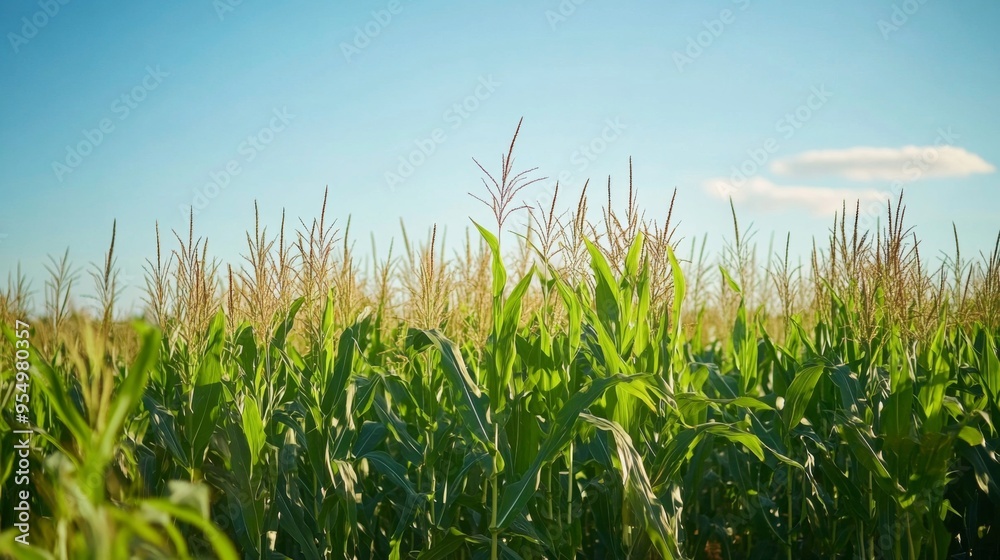 Obraz premium A lush cornfield under a clear blue sky, with tall green stalks swaying in the breeze, representing agricultural abundance and growth.