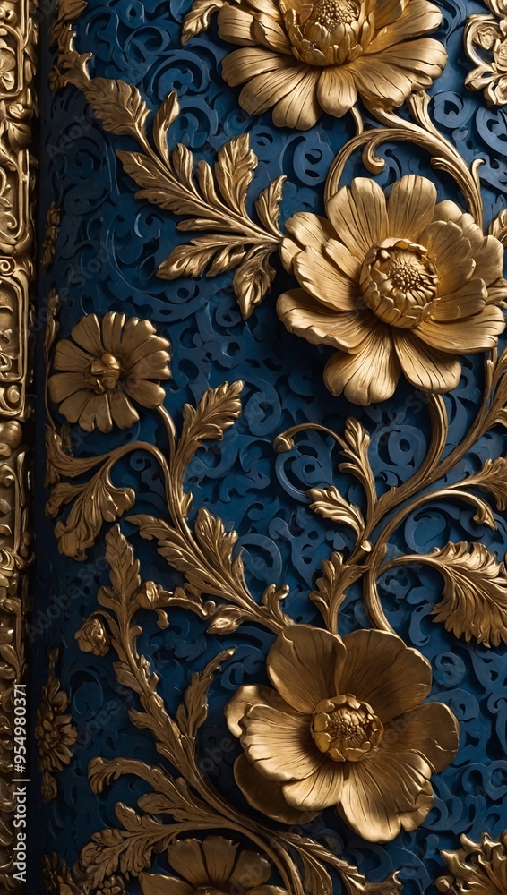 Ornate floral design with intricate patterns in gold and blue textures. Ornate floral design with intricate patterns in gold and blue textures.