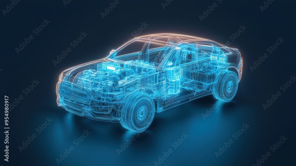 Naklejka premium A futuristic 3D holographic of a car showcasing detailed components and technology in vibrant neon colors.