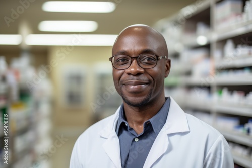 Smiling portrait of a middle aged male pharmacy worker