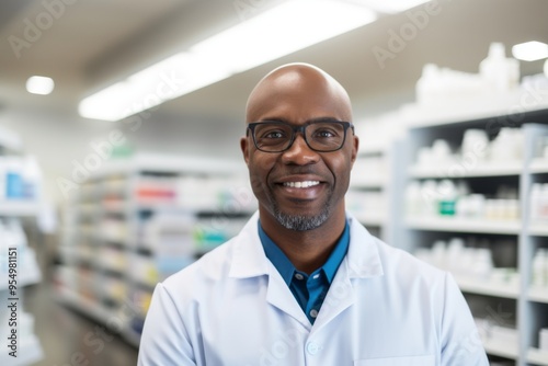 Smiling portrait of a middle aged male pharmacy worker