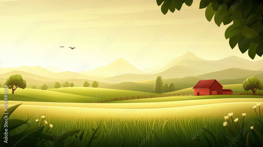 A serene countryside landscape with rolling hills, a red barn, and gentle sunlight. Perfect for nature and rural-themed projects. A serene countryside landscape with rolling hills, a red barn, and gentle sunlight. Perfect for nature and rural-themed projects.