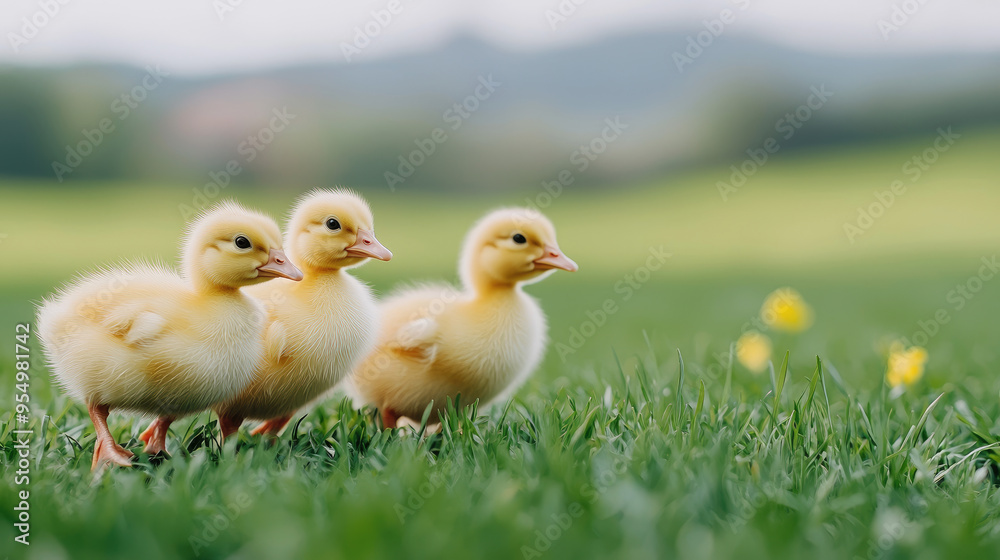 Three adorable yellow ducklings walking on vibrant green grass in a peaceful outdoor setting, symbolizing innocence and nature. Three adorable yellow ducklings walking on vibrant green grass in a peaceful outdoor setting, symbolizing innocence and nature.