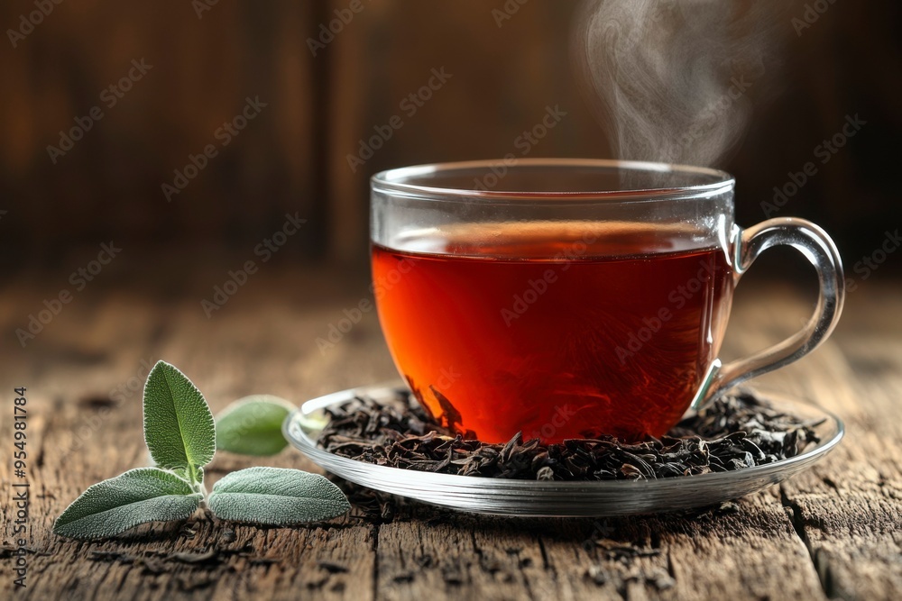 Steaming Cup of Black Tea with Sage Leaves on Rustic Wooden Table