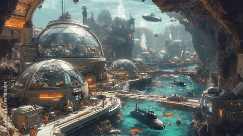 Concept art of underwater research base with domes submarines and diverse marine life outside the windows photo