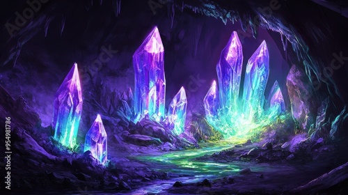 Marvel at the stunning beauty of an enchanted cave adorned with glowing crystals in vivid colors illuminating the darkness