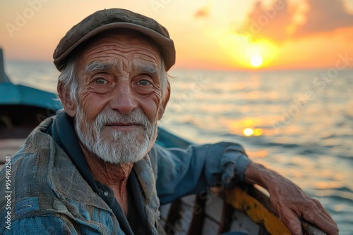 An old fisherman with a weathered face chats animatedly near his wooden boat at sunset