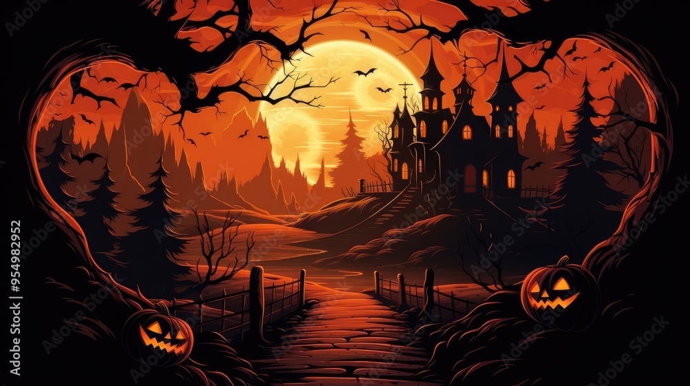 A spooky Halloween scene featuring a haunted castle, eerie trees, and glowing pumpkins against a dramatic orange moon. A spooky Halloween scene featuring a haunted castle, eerie trees, and glowing pumpkins against a dramatic orange moon.