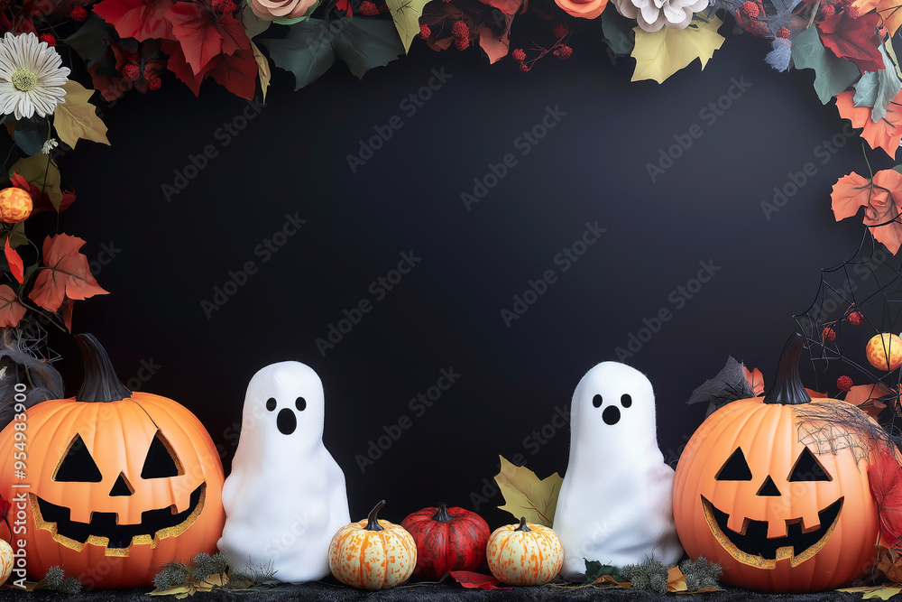 Decorative border with pumpkins and cute ghosts and autumn foliage. Background for Halloween with Pumpkin Decorative border with pumpkins and cute ghosts and autumn foliage. Background for Halloween with Pumpkin