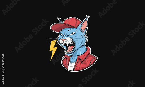 vector graphic features an anthropomorphic blue cat with an aggressive expression