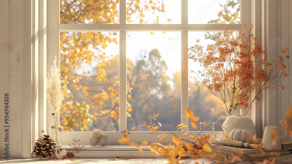A window with a view of autumn view leaves A window with a view of autumn view leaves