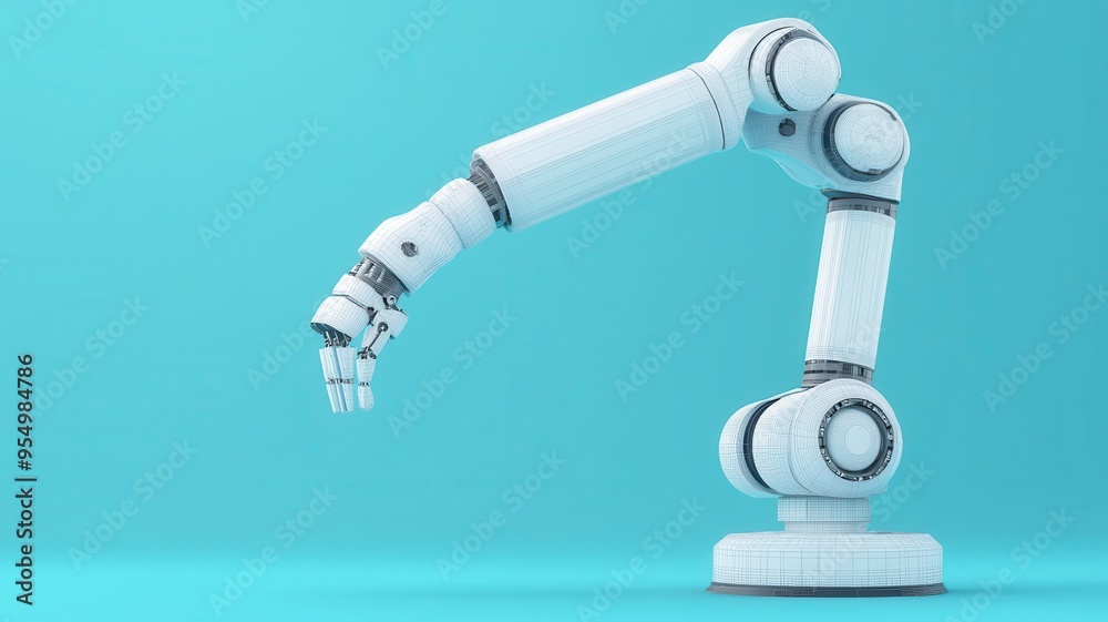 A sleek robotic arm against a vibrant blue background, showcasing advanced technology and modern design. A sleek robotic arm against a vibrant blue background, showcasing advanced technology and modern design.