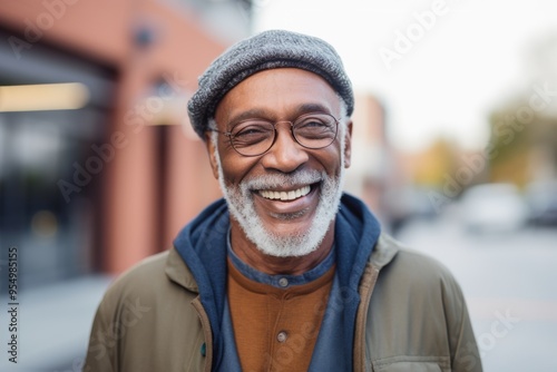 Portrait of a smiling elderly black man with gray beard outdoors