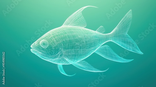 A stunning 3D representation of a fish in a transparent style, swimming gracefully through a tranquil blue-green underwater landscape.