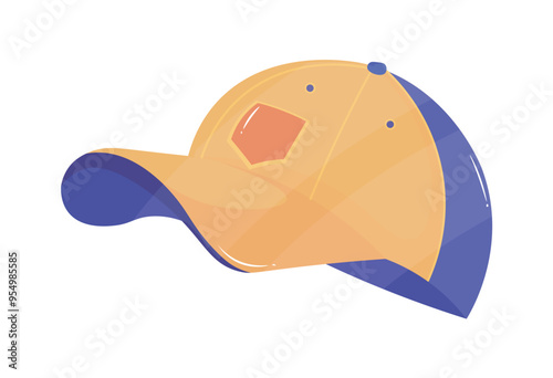 Yellow and blue baseball cap shown in side view. Created as a flat vector illustration this stylish cap design features a modern twist