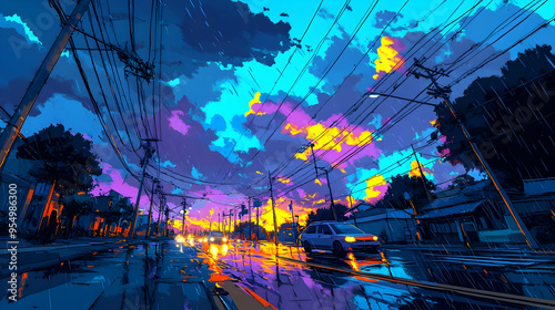 Rainy Night Cityscape with a Vivid Sky, Cars Driving Through the Wet Streets, and Power Lines Stretching Across the Frame