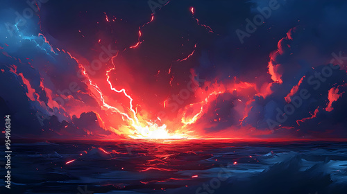 Fiery Sunset Over The Ocean With Lightning Strikes and Dramatic Clouds