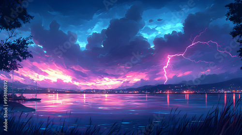 A Dramatic Sunset with Lightning Strikes Over a Cityscape and Lake