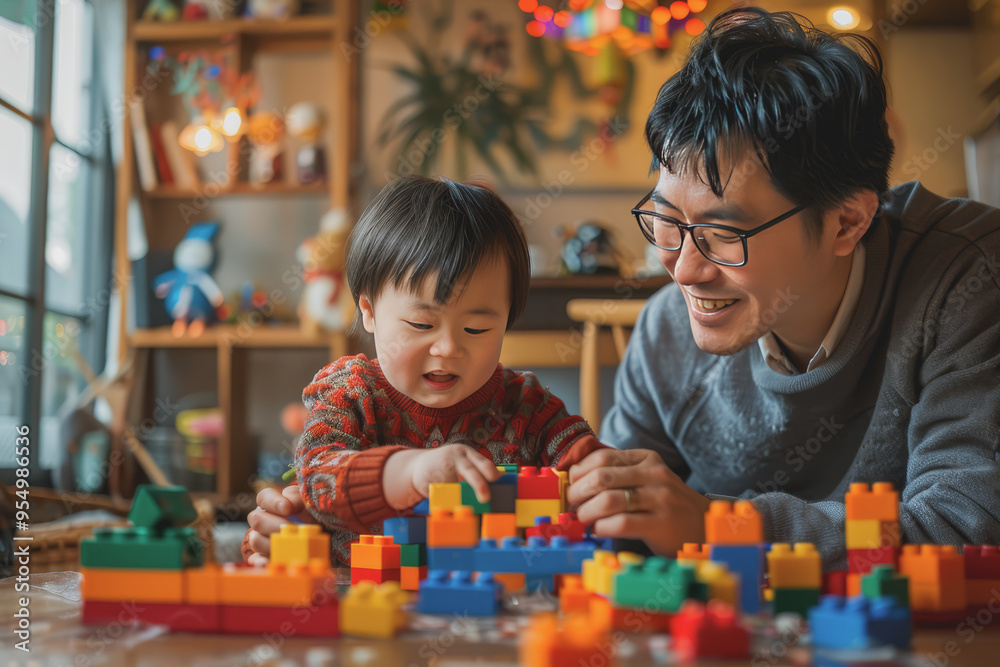 Parents play happily with their children at home. By connecting blocks in the living room. Parents play happily with their children at home. By connecting blocks in the living room.