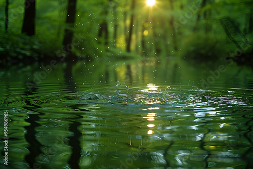 calm forest scene with a serene, emerald green river