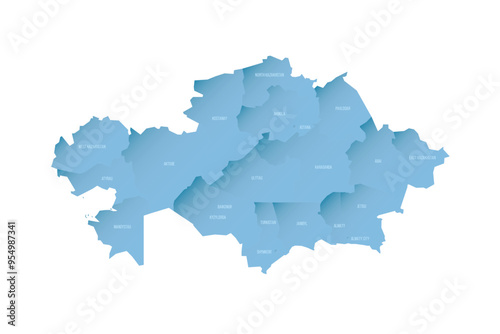 Kazakhstan political map of administrative divisions - regions and cities with region rights and city of republic significance Baikonur. Shaded vector map with 3D-like blue gradient and name labels photo