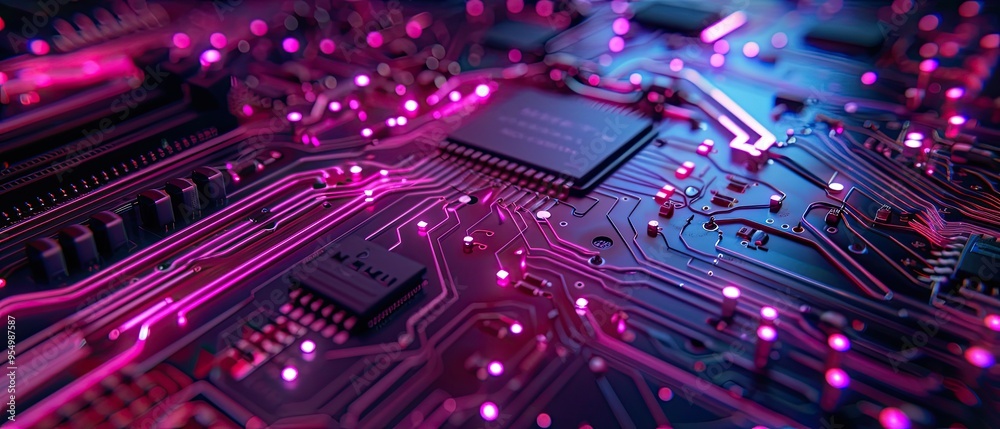 Abstract Motherboard Circuitry Illuminated by Pink Glowing Lights Abstract Motherboard Circuitry Illuminated by Pink Glowing Lights