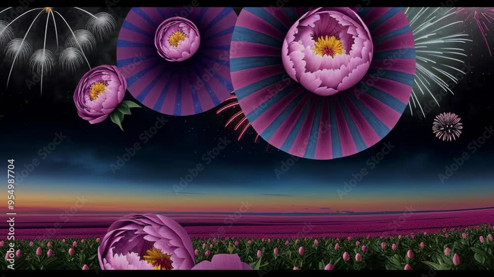 Colorful peony flowers on the background of the night sky